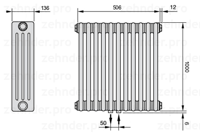 Схема (чертеж) Радиатор Zehnder Charleston 4100/11 №5410 Белый глянцевый RAL 9016